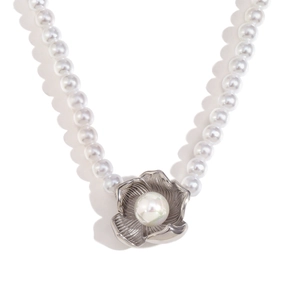 Silver flower pendant necklace with white faux pearls and 18K gold plated steel chain
