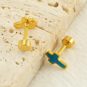 Gold stainless steel cross stud earrings with blue enamel and secure screw back closure