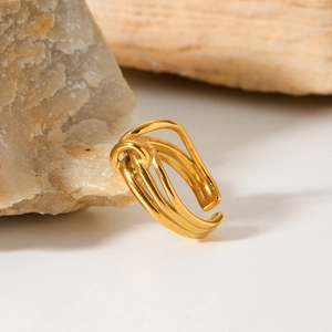 18K gold-plated knotted stainless steel open ring with layered minimalist design