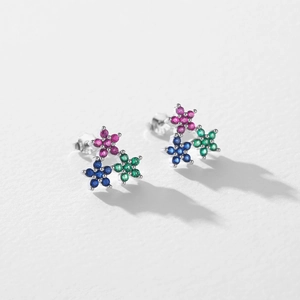 Elegant S925 silver stud earrings featuring pink blue and green crystal floral cluster