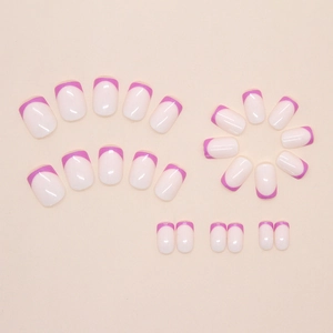 Short square French press-on nails with cream base and vibrant plum purple tips 24pcs
