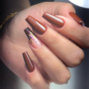Coffin Press On Nails Long Glossy Dark Coffee Brown Brick Red Gold Glitter Gradient False Nails For Women