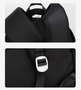 Detail of durable nylon shoulder straps with breathable mesh and adjustable white buckles