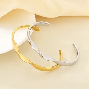 Wave Twisted Open Bangle Bracelet Stainless Steel 18K Gold Plated Minimalist Geometric Fashion Jewelry For Women