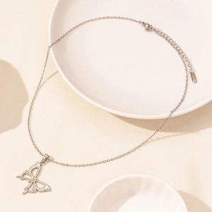 Detailed view of silver stainless steel butterfly necklace on white ceramic plates
