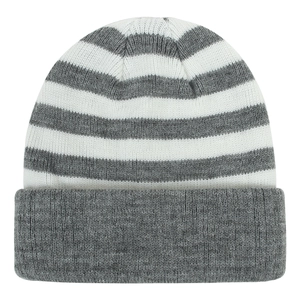 Close-up of gray and white striped knit beanie showing detailed soft winter textures
