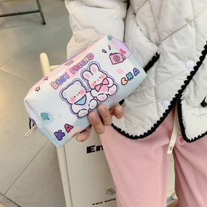 Cute cartoon large-capacity canvas pencil case with bear and rabbit print