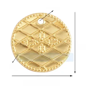 Detail view of 13mm gold plated round pendant with diamond pattern and 1mm hole