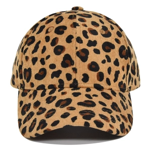 Close-up of leopard print baseball cap showing detailed corduroy fabric texture