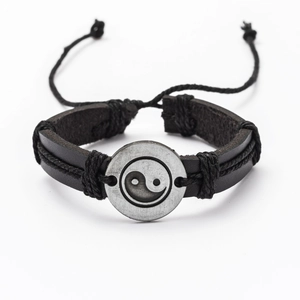 Adjustable black braided leather bracelet featuring a silver-tone Yin Yang charm for men