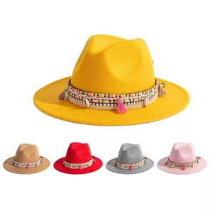 Classic wide brim felt fedora hat for women with ethnic band and shell trim multi-color set