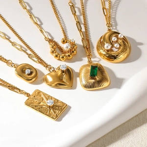 Retro 18K gold plated stainless steel necklaces with heart and pearl charms set