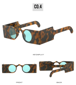 Detailed multi-angle view of square leopard print sunglasses with round blue lenses