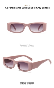 Detail view showing the front and side of pink thick-frame rectangle sunglasses with gray lenses