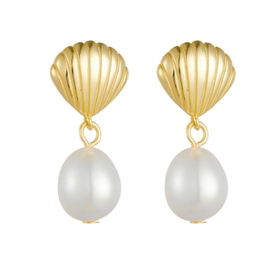 S925 silver shell stud earrings with irregular freshwater pearl drops in gold finish