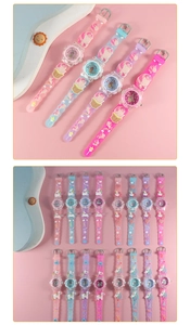 Detail view of colorful cartoon unicorn children's watches in various candy colors and patterns