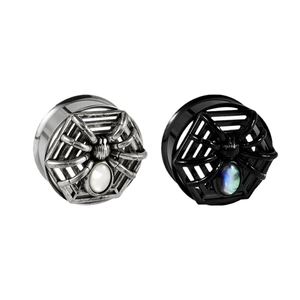 Stainless steel spider ear gauges with shell inlay in silver and black plating