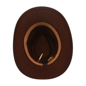 Vue détaillée de l'intérieur du chapeau en laine marron avec sangles réglables et bandeau