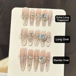 Handmade Cat Eye Press On Nails Nude Pink Gradient Rhinestone Glitter Long Coffin Oval Luxury Fake Nails For Women