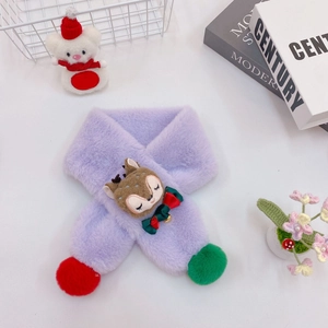 Detail of lavender plush kids scarf with 3D cartoon reindeer and festive pom-poms