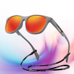 Detail of polarized sports sunglasses with orange lenses and anti-slip sports neck strap