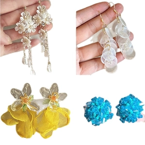 Floral acrylic drop earrings with pearl tassels and chiffon details in four styles