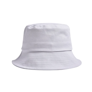 Detailed close-up showing the reinforced stitching on the brim of a white cotton bucket hat