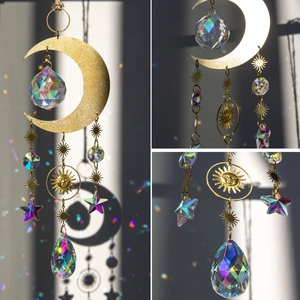 Brass moon and star crystal suncatcher with rainbow prisms for home window decoration