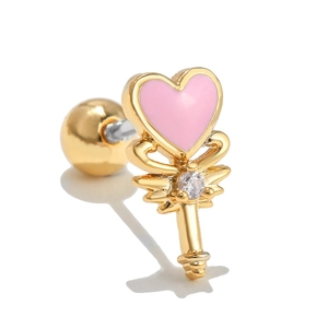 Gold screw back stud earring with pink enamel heart and zircon in magic wand style