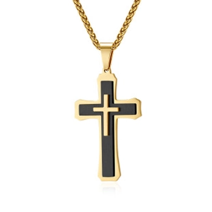Detail of gold Ankh cross pendant with black inlay and matching wheat chain necklace