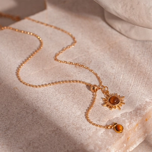 Vintage gold sun flower necklace with tiger eye stone and elegant ball chain for women