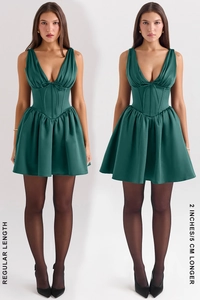 Detail view showing the length difference between regular and 5cm longer satin mini dress