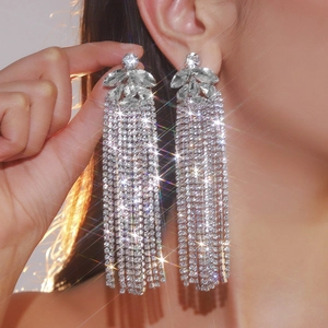 Sparkling silver long tassel earrings with full crystal stones for wedding evening gowns
