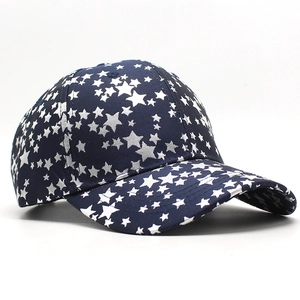 Navy blue baseball cap with white star print and curved brim for outdoor leisure