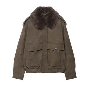 Brown faux leather bomber jacket with detachable faux fur collar and pocket details