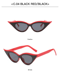 Front and side view of stylish cat-eye sunglasses in bold red and black plastic frame