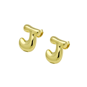 Close-up of shiny gold chubby balloon letter J earrings on a plain white background
