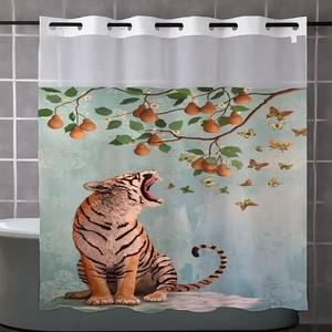 Detail of waterproof polyester shower curtain with artistic tiger and pear tree print