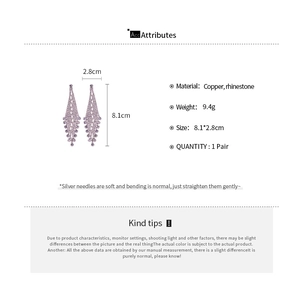 Detail specifications for long purple fringe earrings with size 8.1x2.8cm and 925 silver needle
