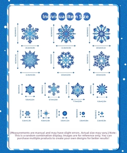 Size chart showing various snowflake window sticker dimensions from 2cm to 11.4cm