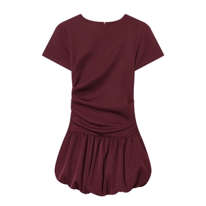 Women Short Sleeve Mini Dress Wine Red Ruched High Waist Bubble Hem Polyester Crew Neck Back Zipper Fashion Sexy