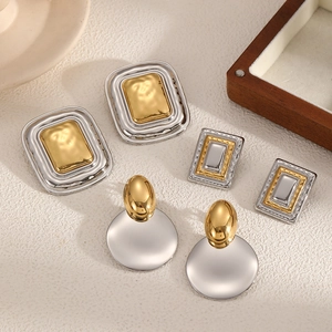 Geometric Two Tone Stainless Steel Earrings Gold Silver Plated Textured Rectangular Square Fashion Jewelry For Women