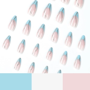 Blue French tip long almond press-on nails with silver glitter outline on nude base