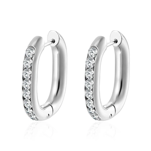 Elegant silver stainless steel oval hoop earrings with sparkling cubic zirconia inlay