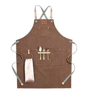 Canvas Denim Work Apron Adjustable Leather Cross Back Straps Multi Pockets Professional For Barista Barber Chef Home