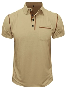Detail of khaki men's polo shirt featuring brown contrast trim on collar and pocket
