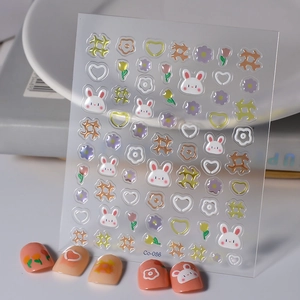 5D jelly relief nail art stickers featuring cute rabbits and heart patterns for manicures