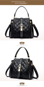 Front and side view of black quilted bucket bag with golden hardware and leather strap