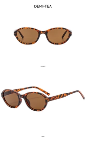 Front and side view of oval tortoise shell sunglasses with demi-tea tinted lenses