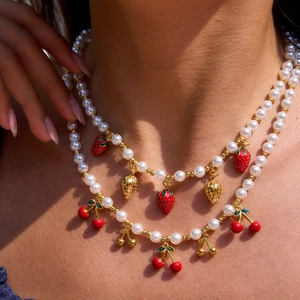 Double-layer stainless steel necklace with pearls and cherry strawberry pendants